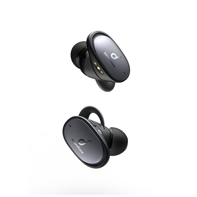 Black wireless earbuds on a white background