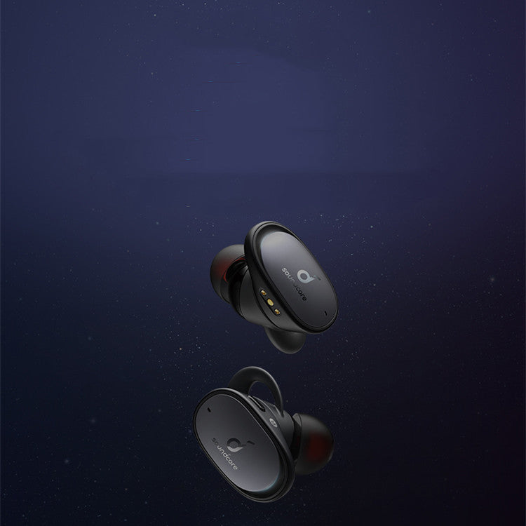 Black wireless earbuds on a dark blue gradient background