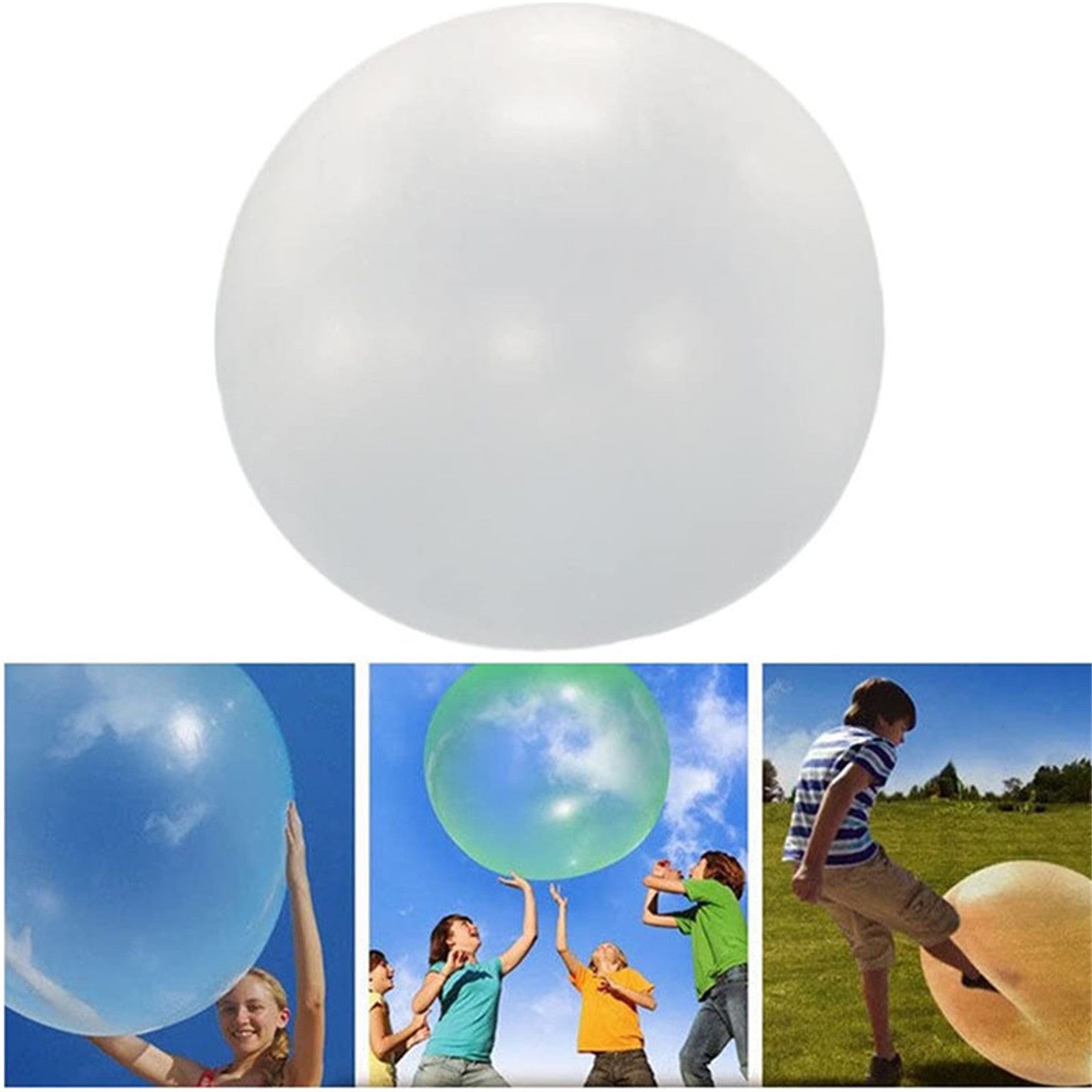 Large inflatable ball with images of people playing with it on a white background