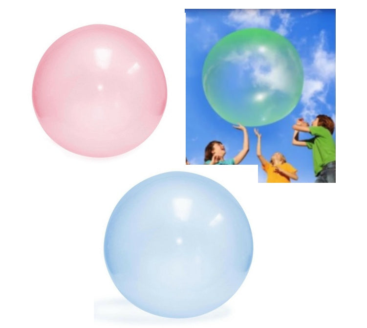 Three large balloons in pink, blue, and green with a photo of children playing with a large bubble in the background.