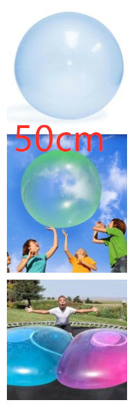 Large inflatable ball with a size indicator '50cm' and people playing with it outdoors.