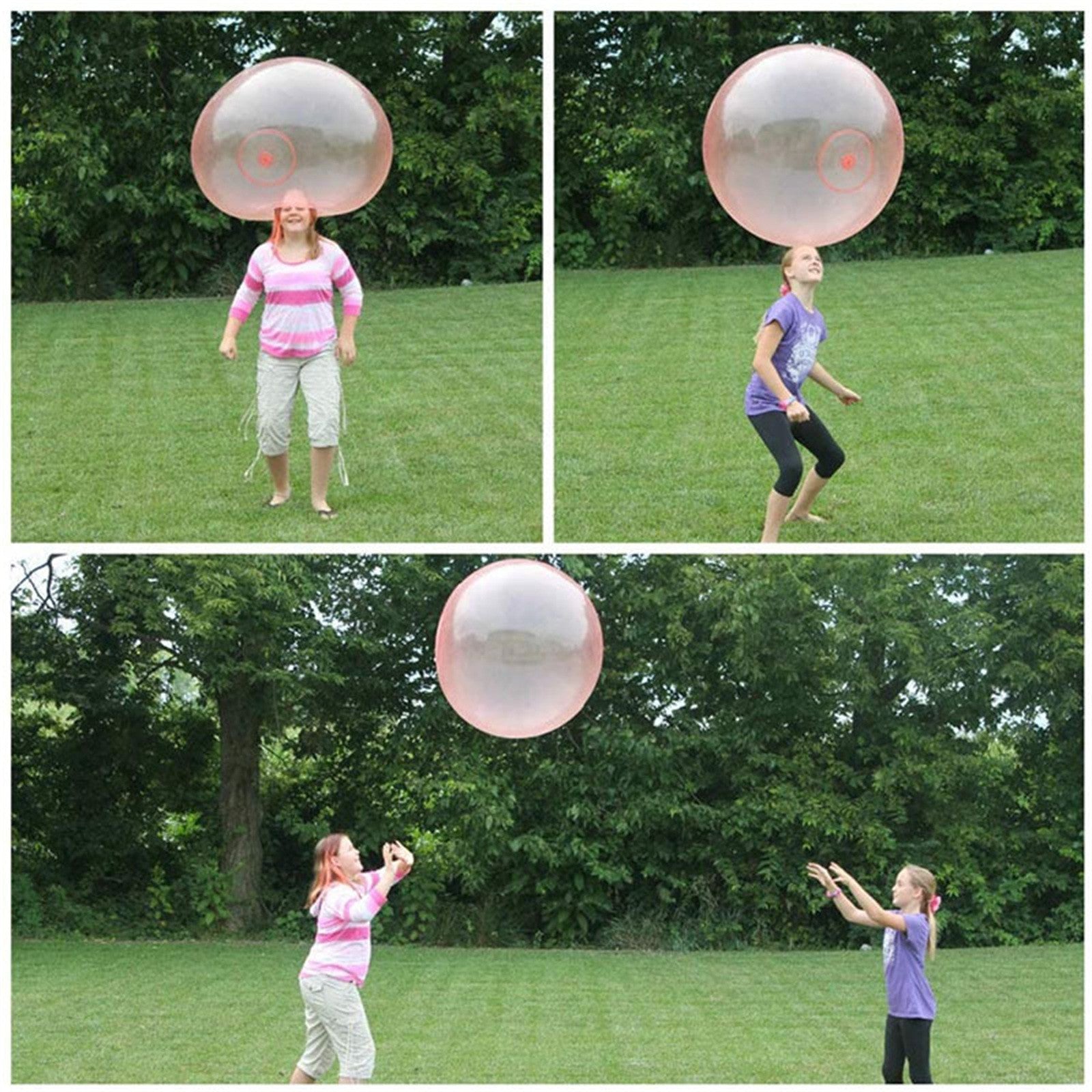 Collage of a girl playing with a large bubble ball outdoors.