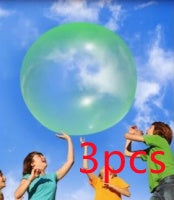 Three people holding a large green balloon against a blue sky with clouds.
