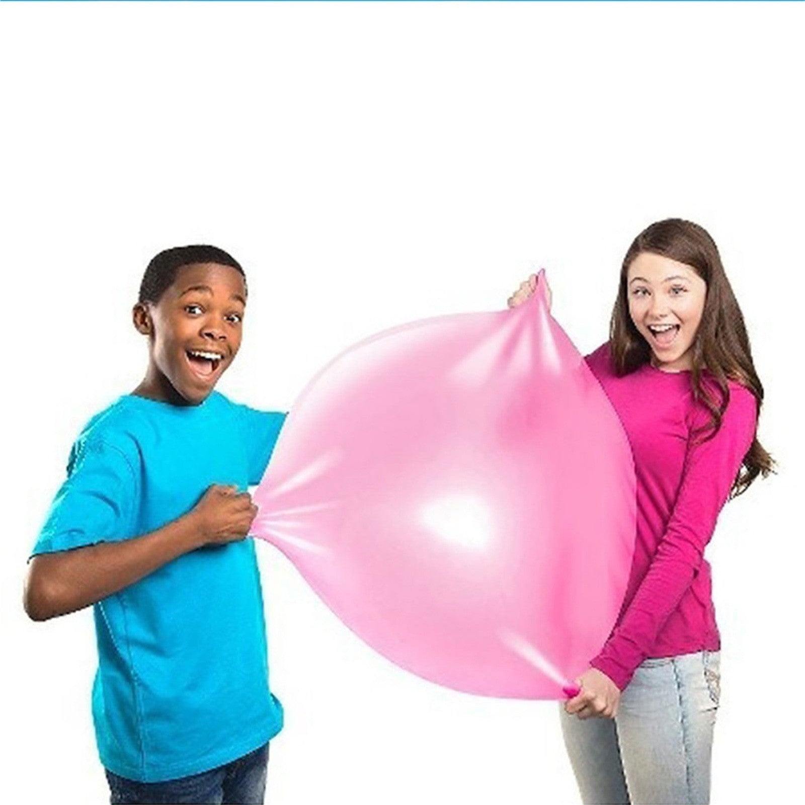 Two people holding a large pink bubble gum ball against a white background