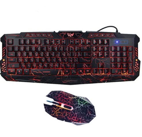 Gaming keyboard and mouse set with red backlighting on a white background