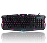 Gaming keyboard with purple backlighting on a white background