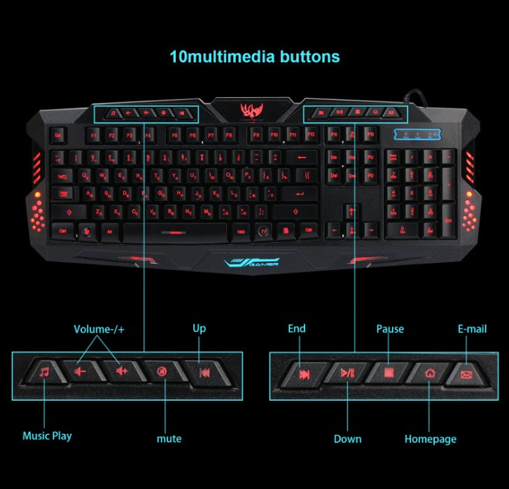 Gaming keyboard with multimedia buttons labeled on a black background