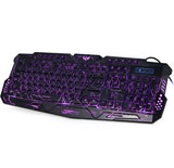 Gaming keyboard with purple backlighting on a white background
