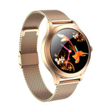 Gold smartwatch with floral design on the screen against a white background