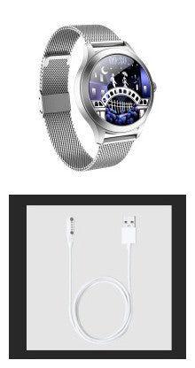 Smartwatch with metal band and charging cable on a white background