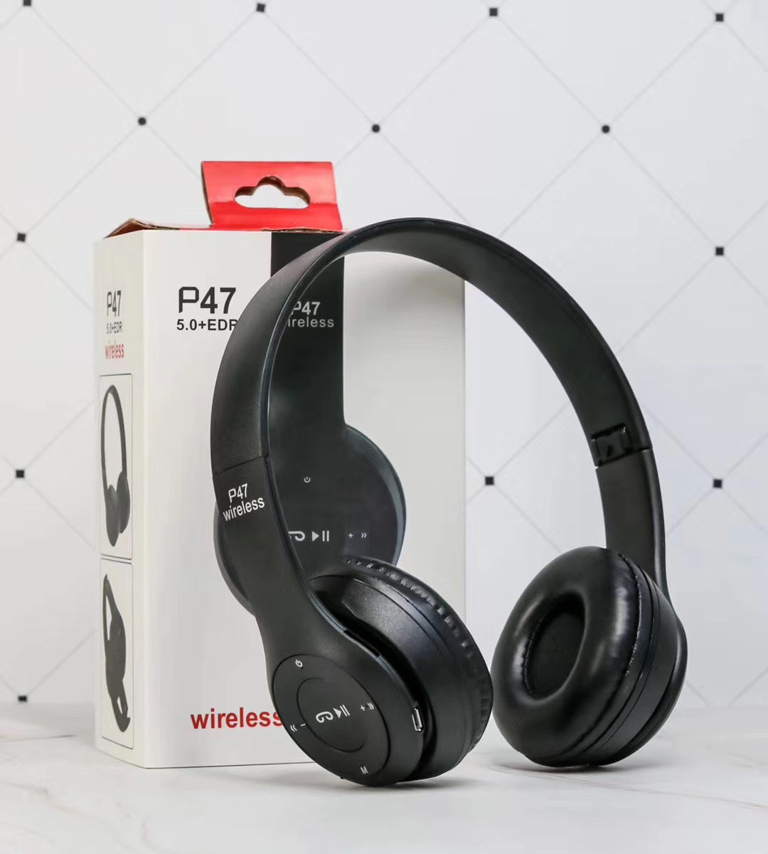 Black wireless headphones with P47 branding on a white background