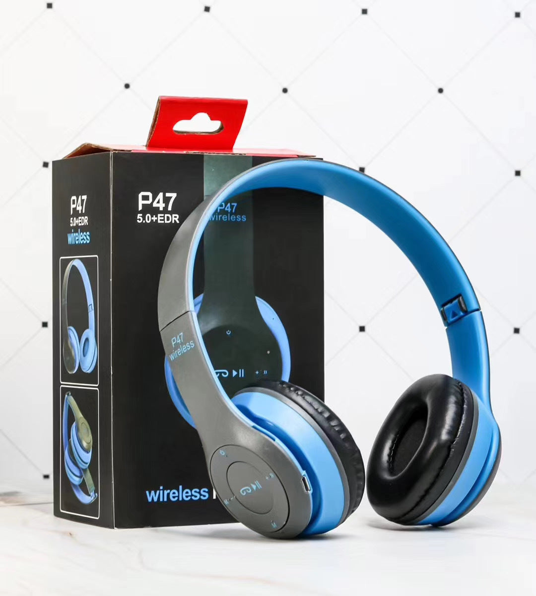 Blue and gray headphones with P47 branding on a white background
