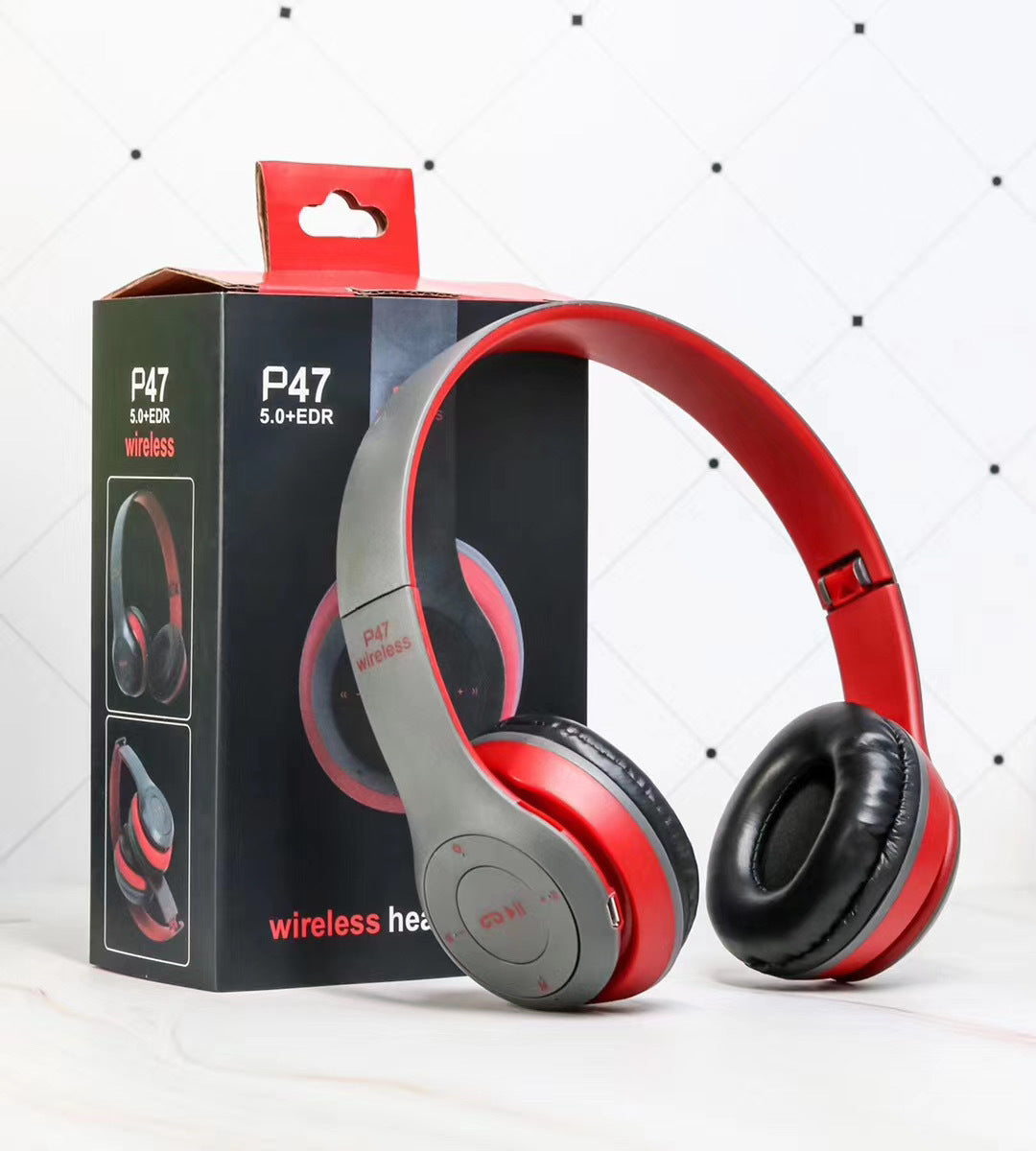 Red and gray headphones with P47 packaging on a white background