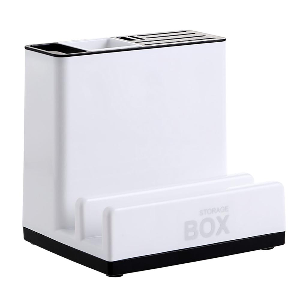 White storage box with black accents on a white background