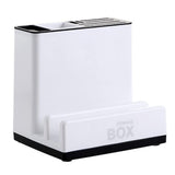 White storage box with black accents on a white background
