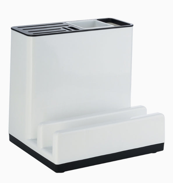 White kitchen utensil holder with black base on a white background