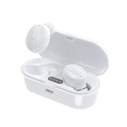 White wireless earbuds with charging case on a white background