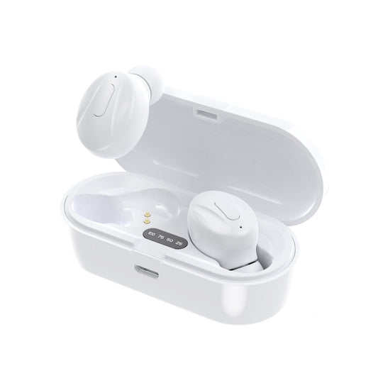 White wireless earbuds with charging case on a white background