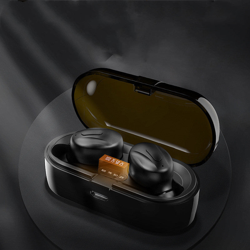 Black wireless earbuds in a charging case on a dark background