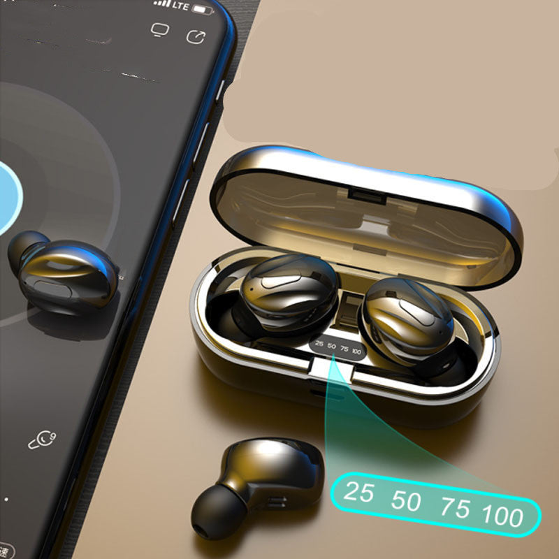 Wireless earbuds with charging case on a beige surface next to a smartphone.