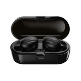 Black wireless earbuds in a charging case on a white background