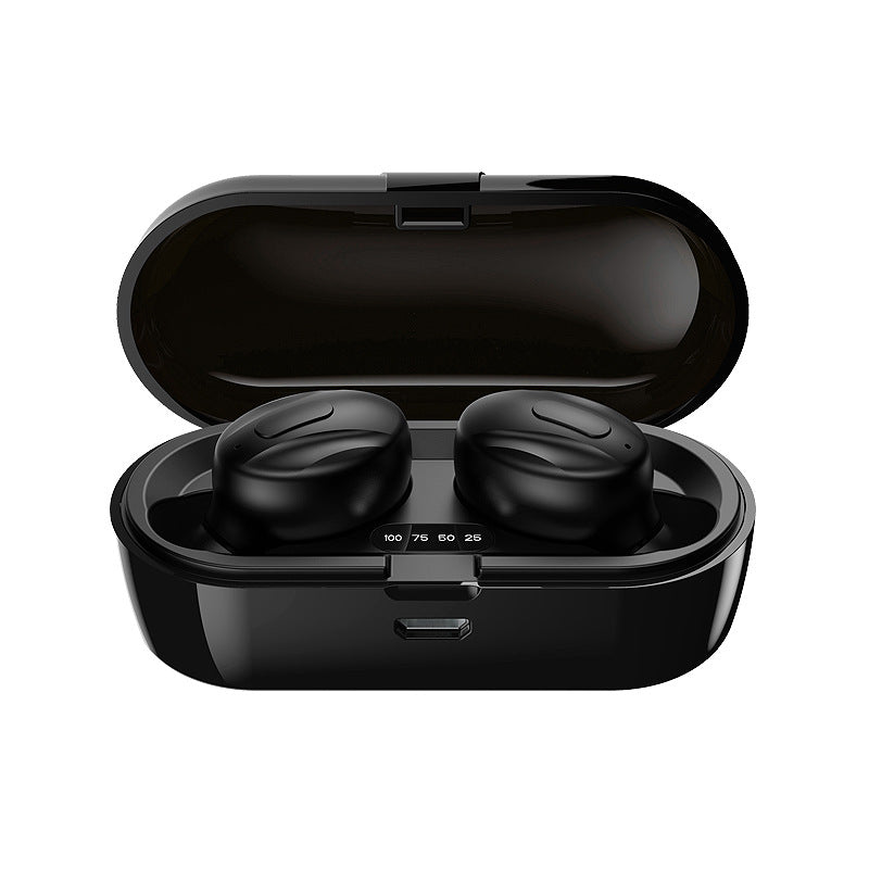Black wireless earbuds in a charging case on a white background