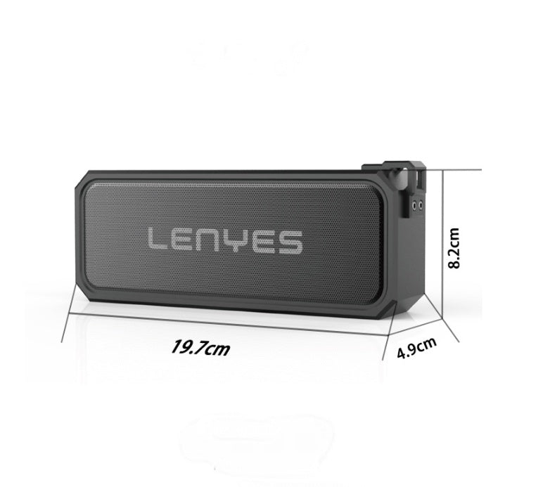 Lenyes portable speaker with dimensions on a white background