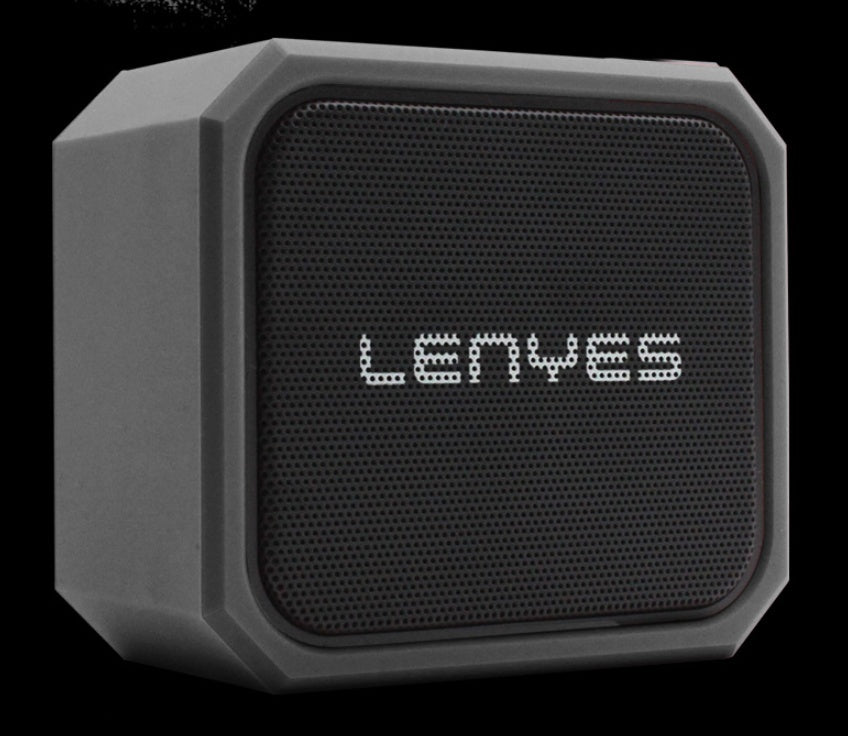 Gray portable speaker with 'LENVES' branding on a black background