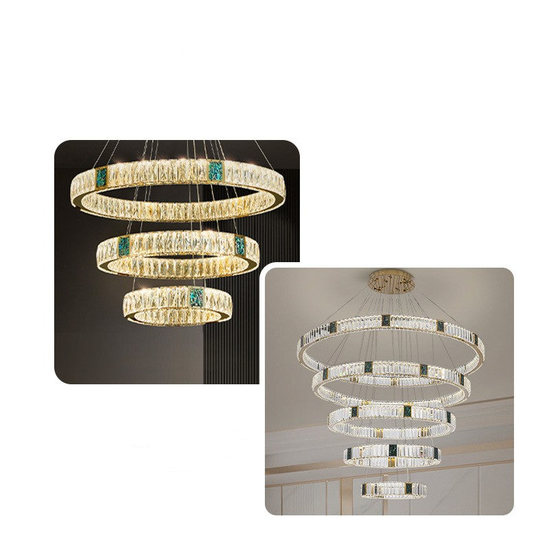 Chandelier with multiple circular rings on a white background