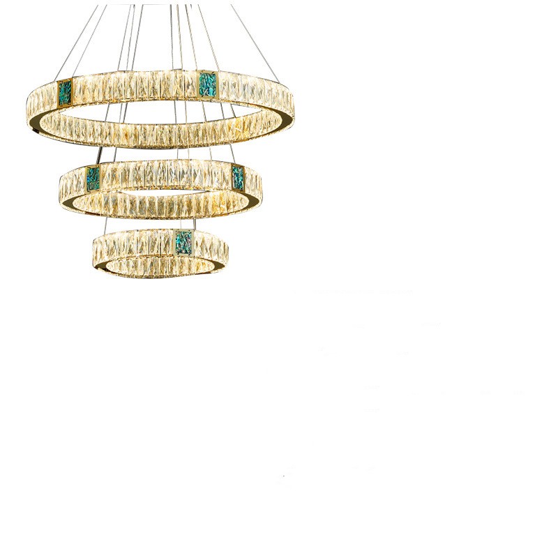 Chandelier with multiple circular rings and embedded lights on a white background