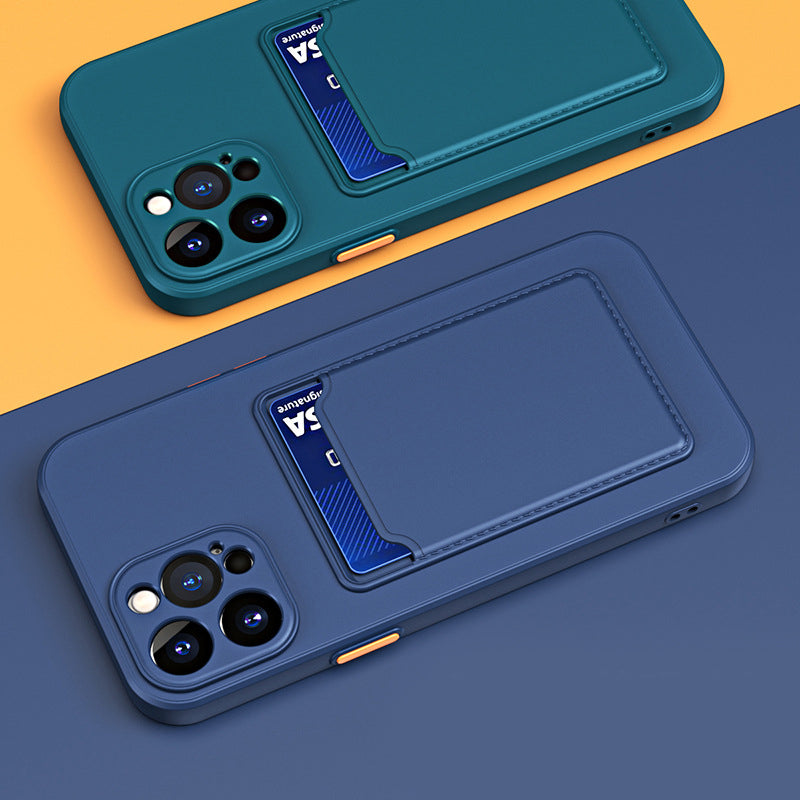 Blue phone case with card holder on a yellow and blue gradient background