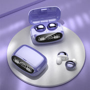 Wireless earbuds with charging case on a light gray surface with a purple gradient background