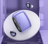 Digital scale with a purple display on a reflective surface