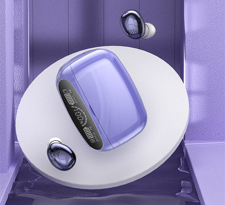 Digital scale with a purple display on a reflective surface