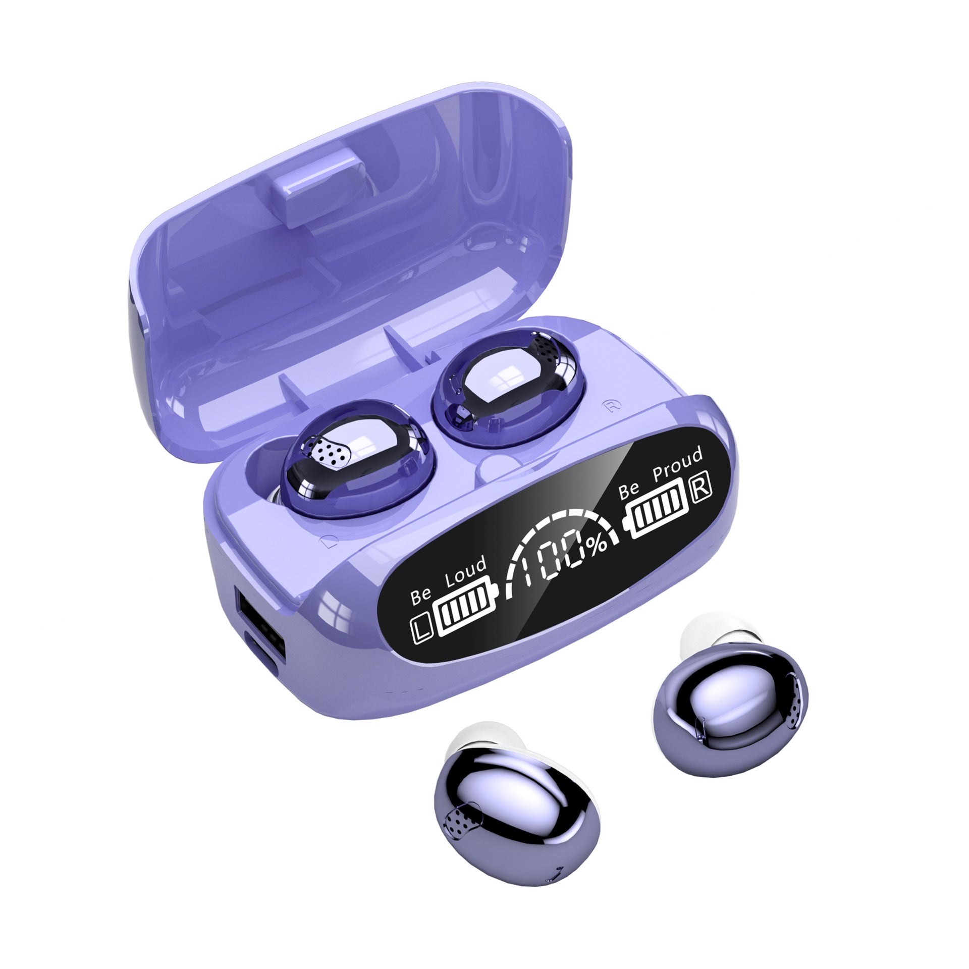 Purple wireless earbuds with charging case on a white background