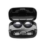 Black wireless earbuds in a charging case with battery display on a white background