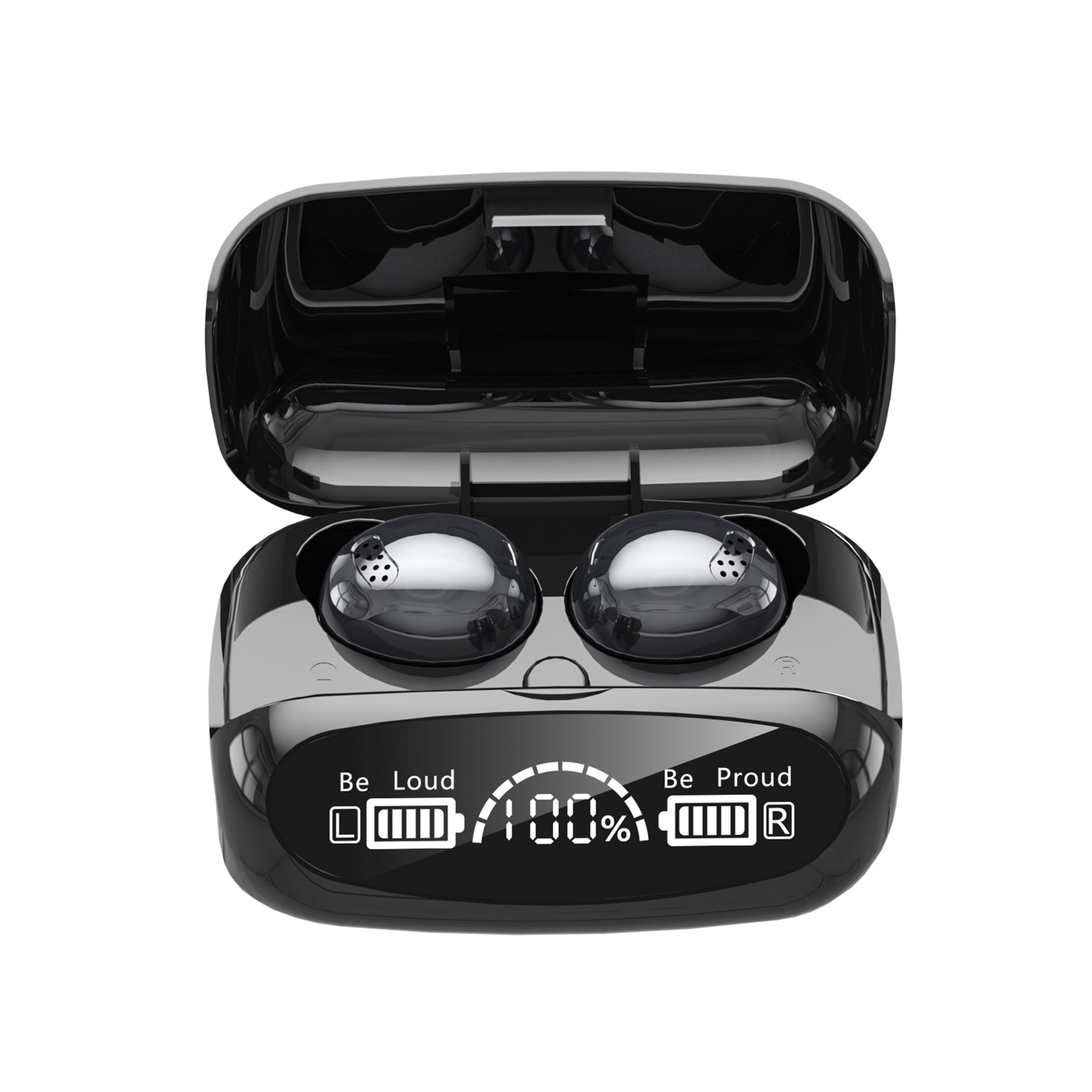 Black wireless earbuds in a charging case with battery display on a white background