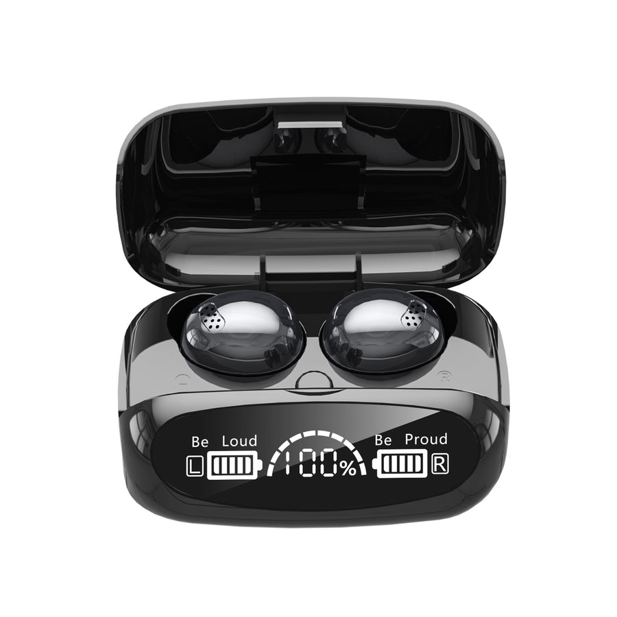 Black wireless earbuds in a charging case with battery display on a white background