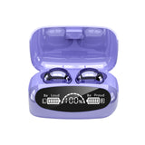 Purple wireless earbuds with charging case on a white background