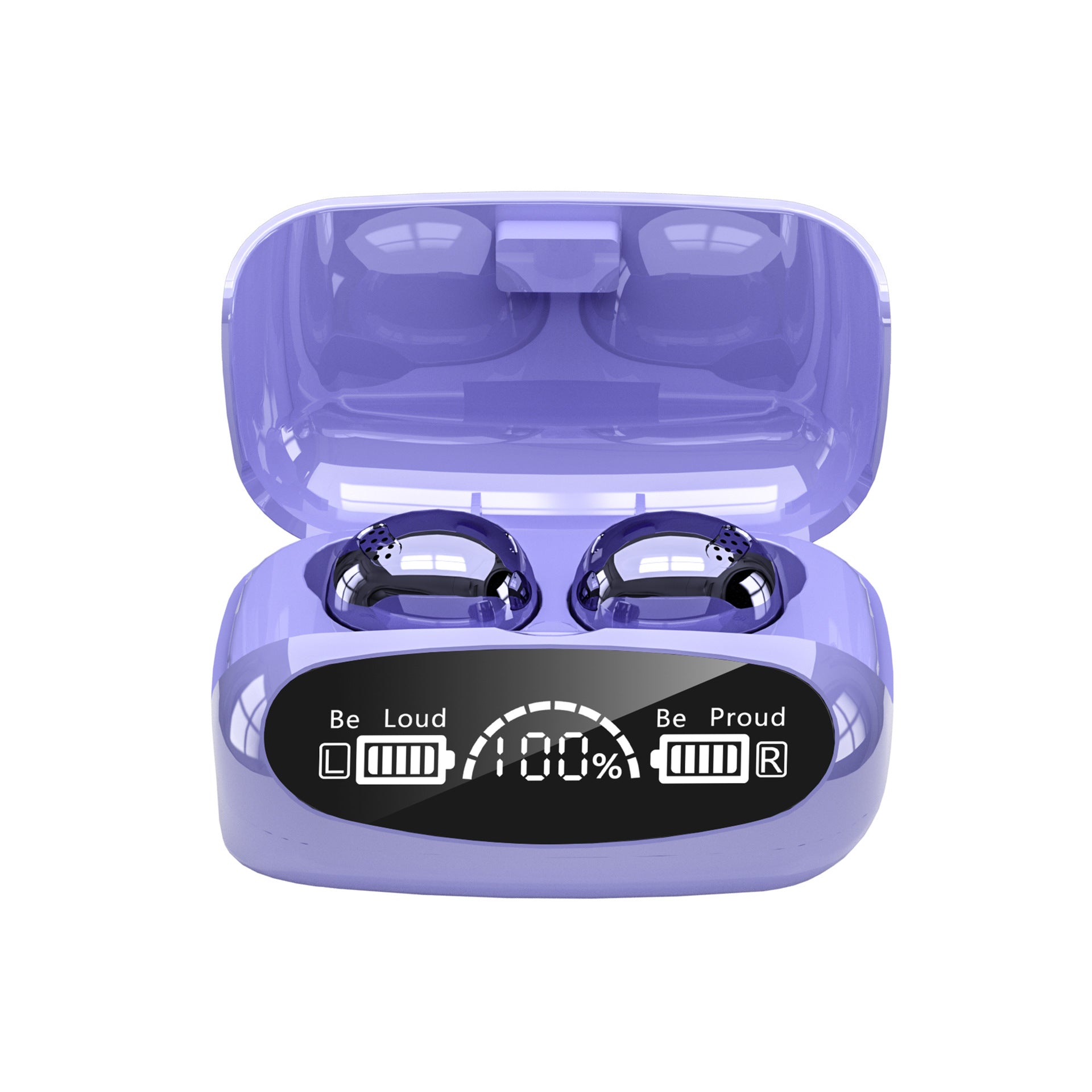 Purple wireless earbuds with charging case on a white background