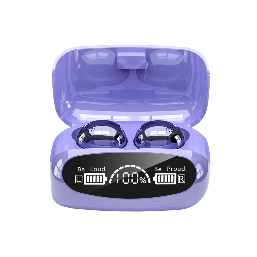 Purple wireless earbuds with charging case on a white background