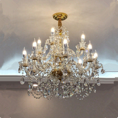 Luxurious crystal chandelier hanging from a ceiling