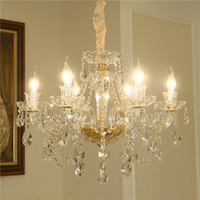 Crystal chandelier with multiple lights in a room setting