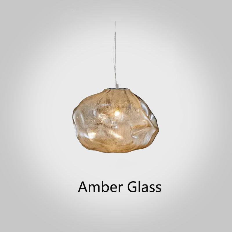 Amber glass pendant light on a gray background with 'Amber Glass' text.