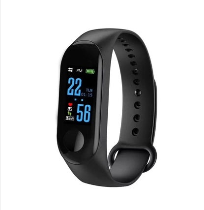 Black smartwatch with digital display on a white background