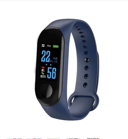 Navy blue smartwatch with digital display on a white background