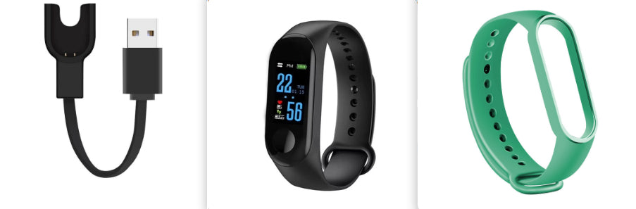 USB cable, black fitness tracker, and green smartwatch on a white background
