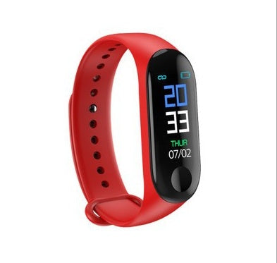 Red smartwatch with a digital display on a white background