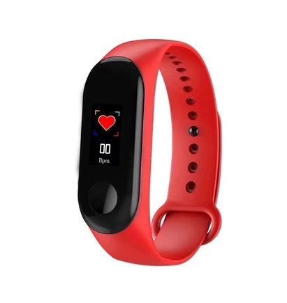 Red fitness tracker with a black screen on a white background