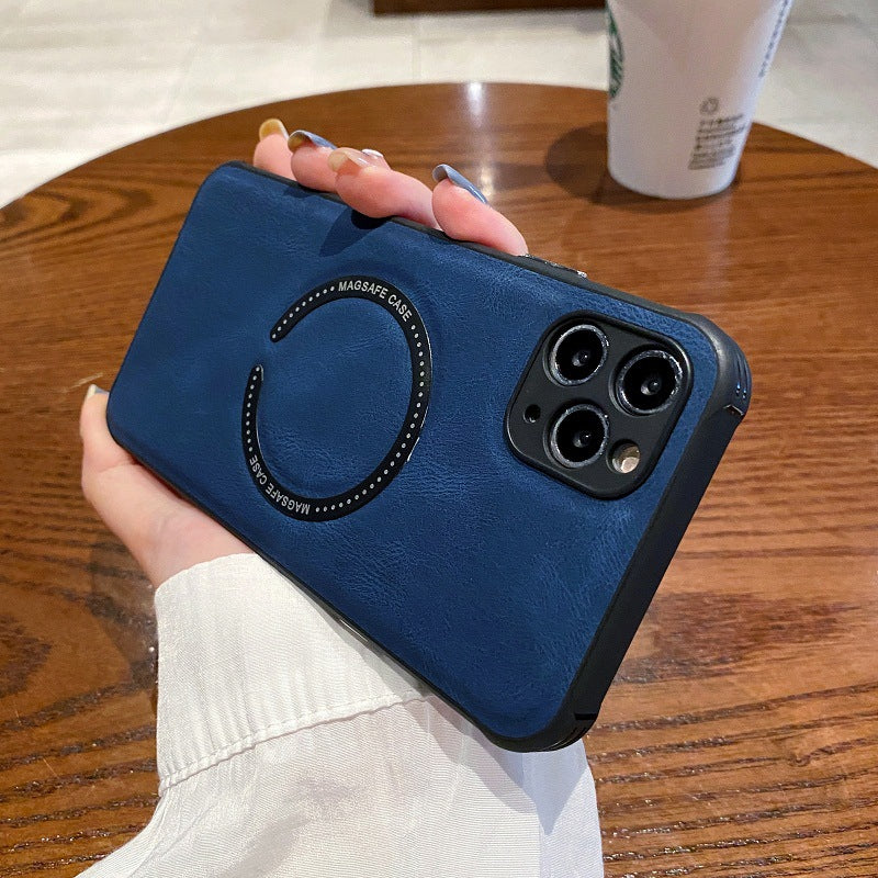 Person holding a blue phone case with a Starbucks cup in the background
